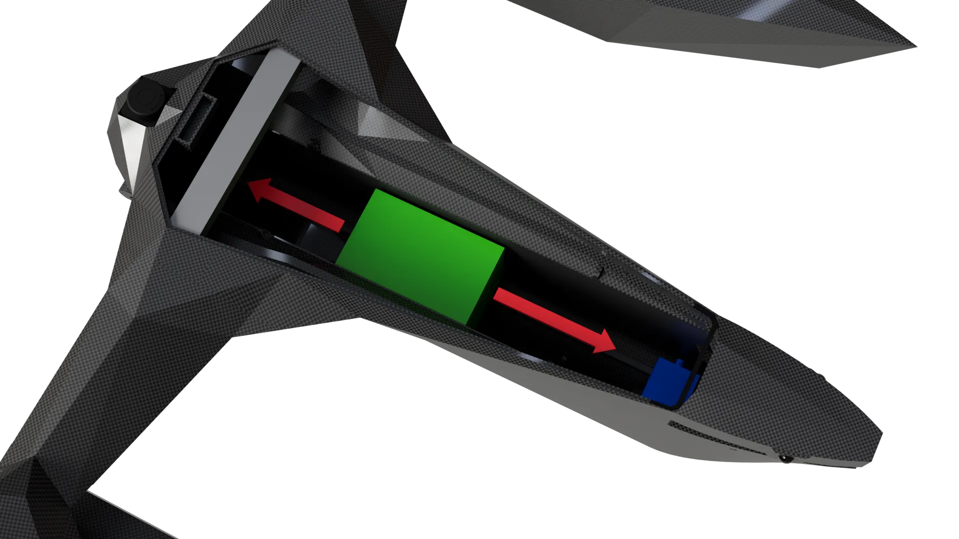 Cutaway render showing the battery sliding fore and aft inside the main hull